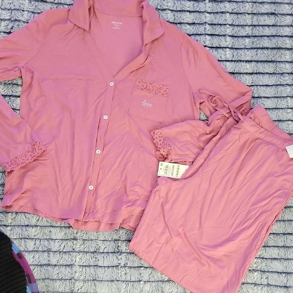 NWT State of Day‎ Mauve 2-piece women's lace-trim pajamas in size medium